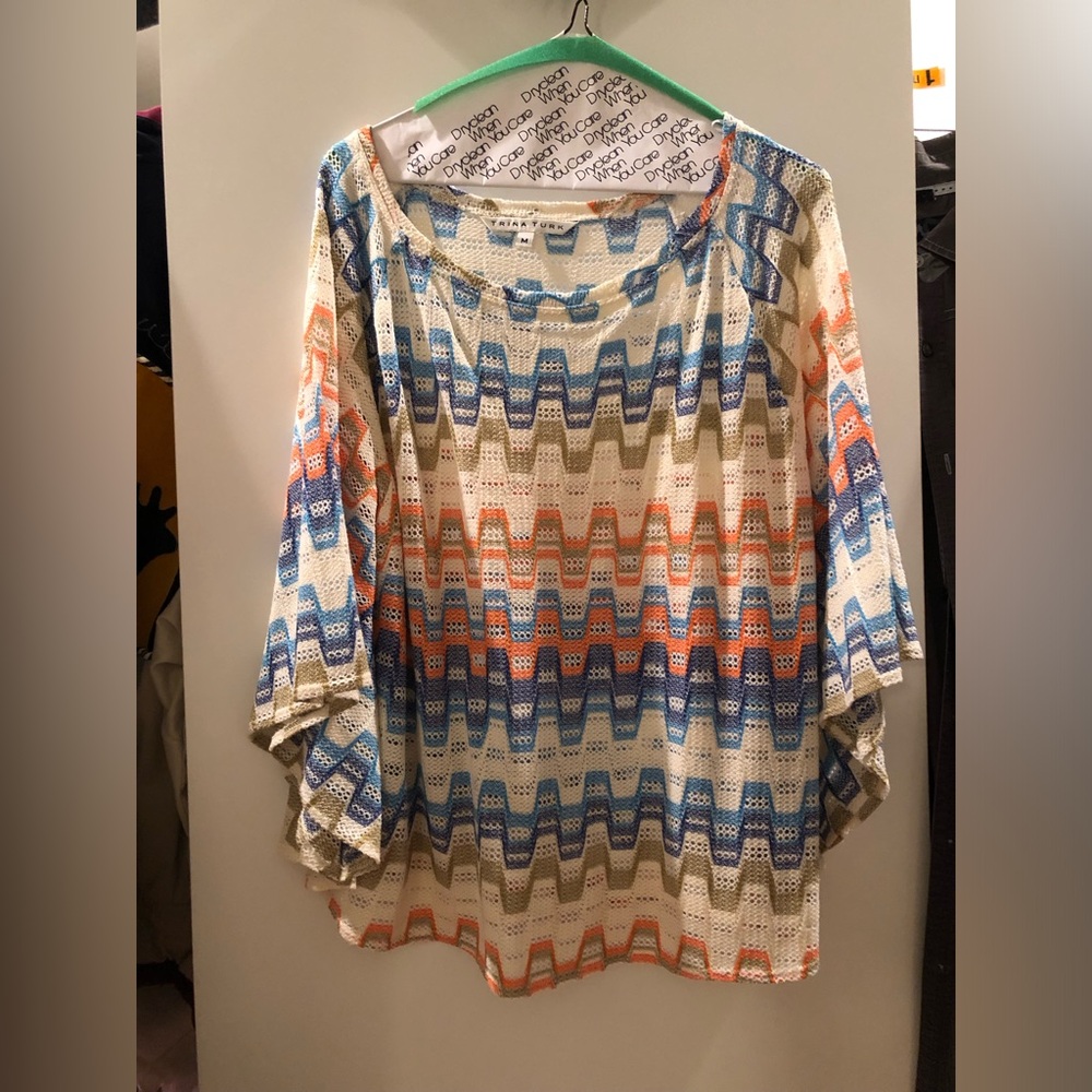 Trina Turk Cream Crochet Tunic with Blue and Orange Chevron Stripes